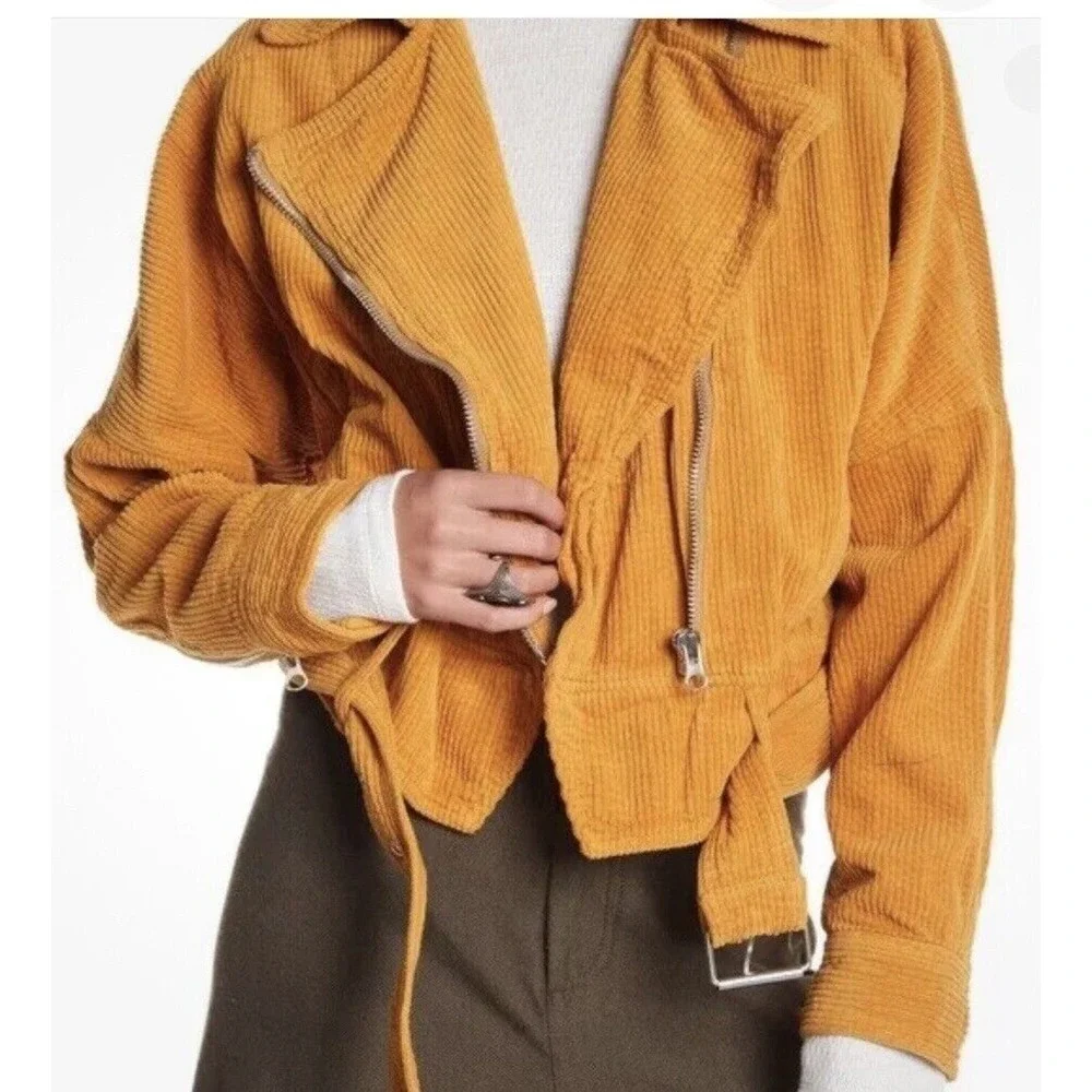 Free People Jacket‎ Womens M Orange Slouchy Dolman Moto Corduroy Lagenlook Y2K